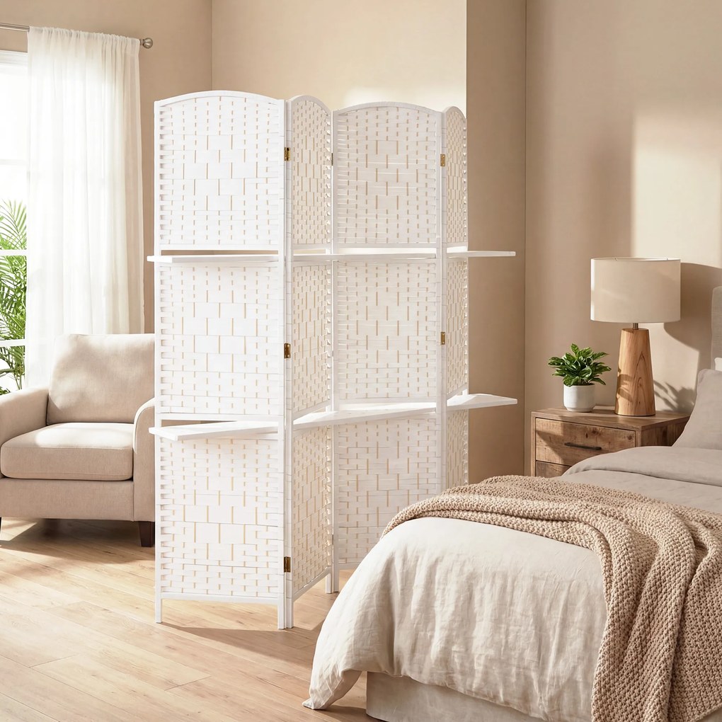 HOMCOM Paravan separator de cameră 4 panouri 160 x170 cm cu 2 rafturi, pliabil, din lemn | Aosom Romania