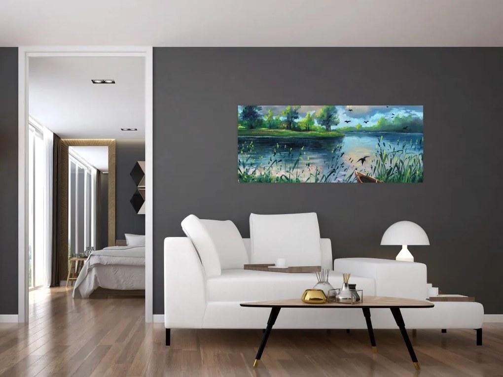 Tablou- Pictură în ulei, seară de vară lângă lac (120x50 cm)