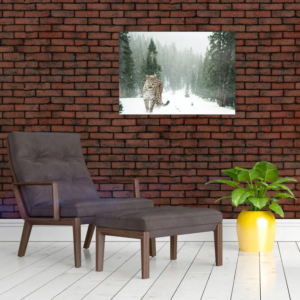 Tablou pe sticlă cu leopard în zăpadă (70x50 cm)