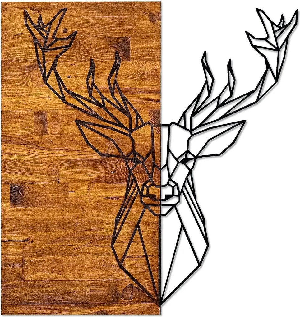 Decoratiune perete DEER1, stejar/negru, lemn/metal, 56x3x58 cm
