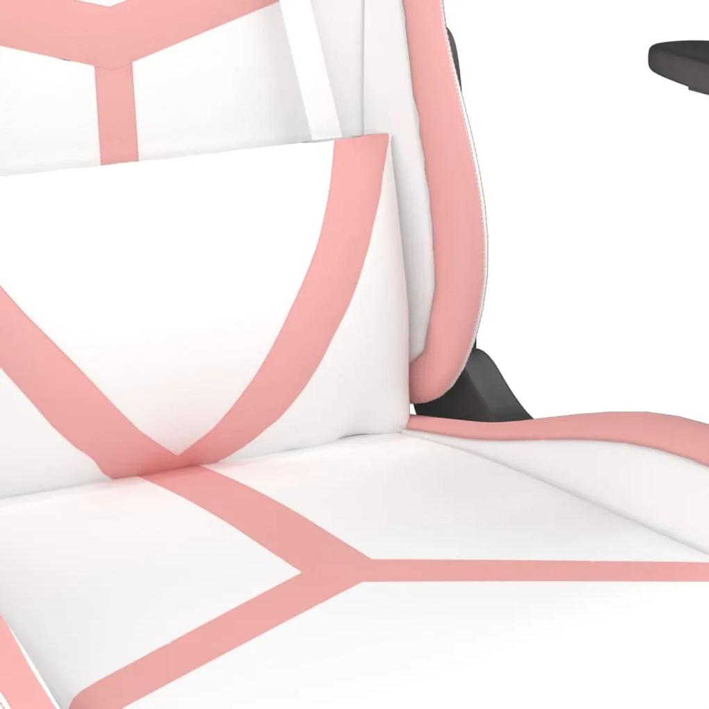 Scaun de gaming cu suport picioare, alb roz, piele ecologica 1, Alb si roz, Cu suport de picioare