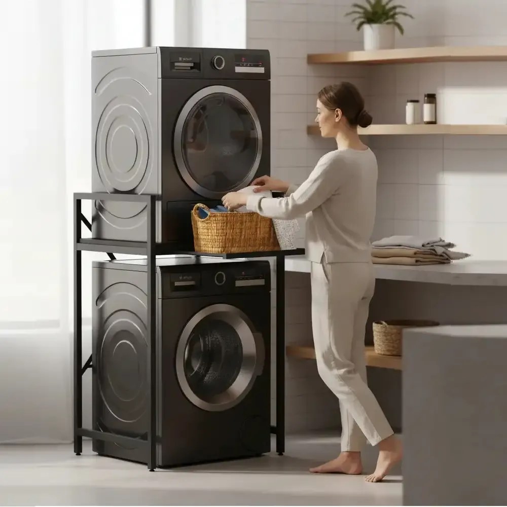 Suport raft pentru mașină de spălat și uscător cu sertar,negru