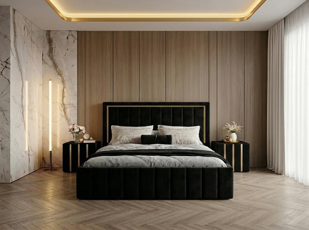 Pat tapitat Atena 140x200 cm, Negru + Saltea Superortopedica Gold, grosime 20 cm + Set 2 noptiere Hugo, Negru