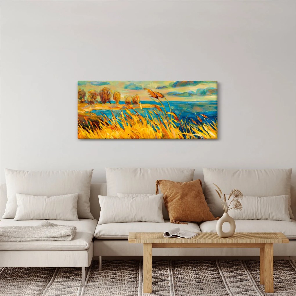 Tablou - Apus de soare peste lac, pictură acrilică (120x50 cm)