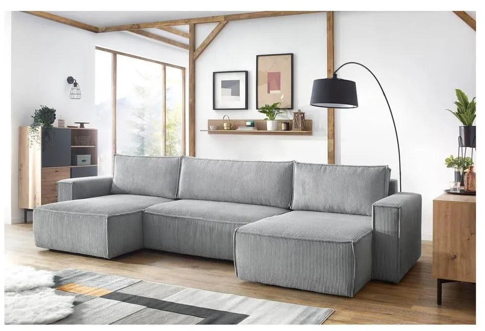 Colțar gri deschis extensibil cu tapițerie din catifea reiată (în formă de "U") Nihad – Bobochic Paris