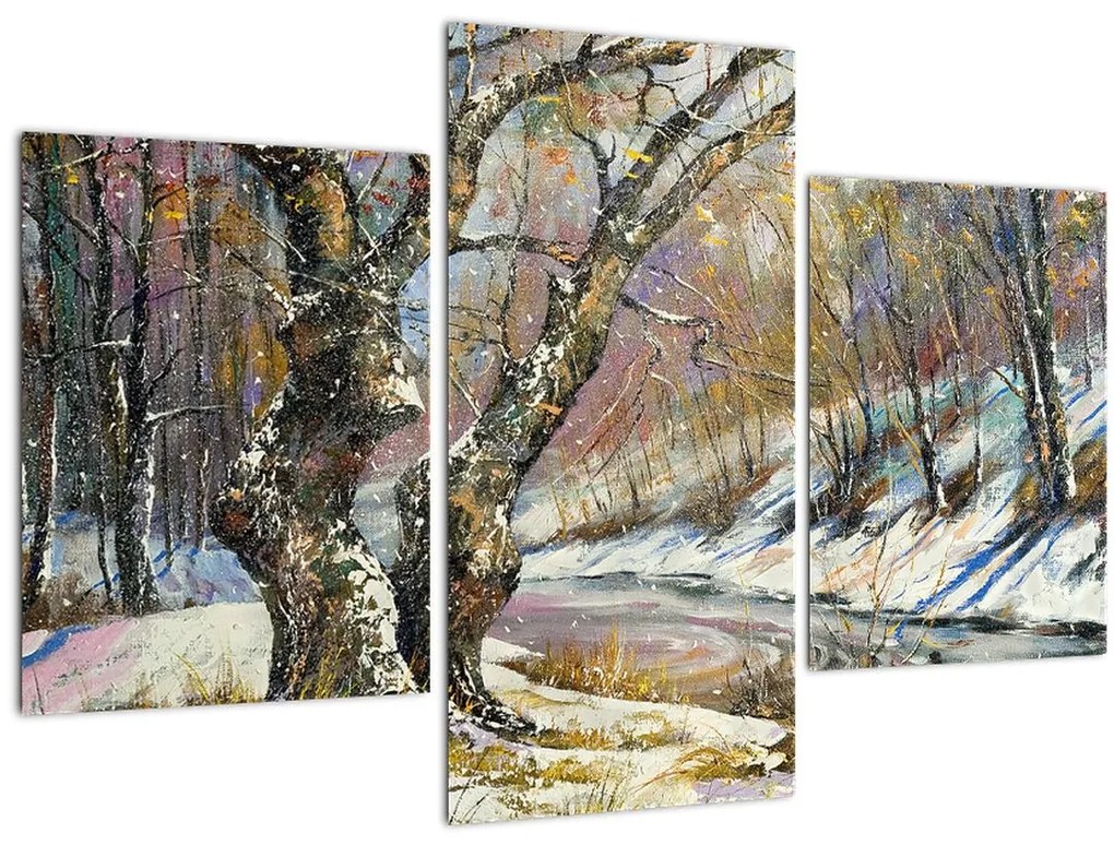 Tablou cu peisaj de iarnă pictat (90x60 cm)