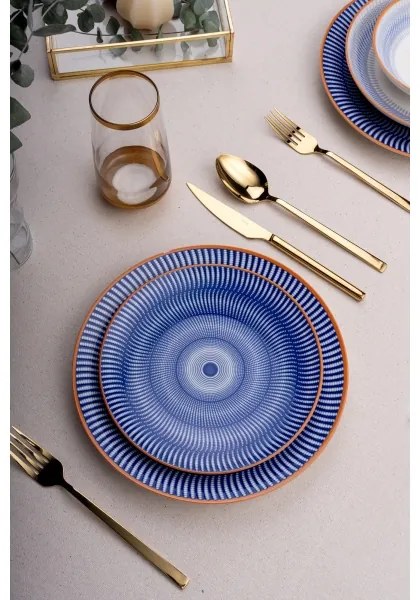 Set veselă 24 piese, porțelan, albastru/portocaliu