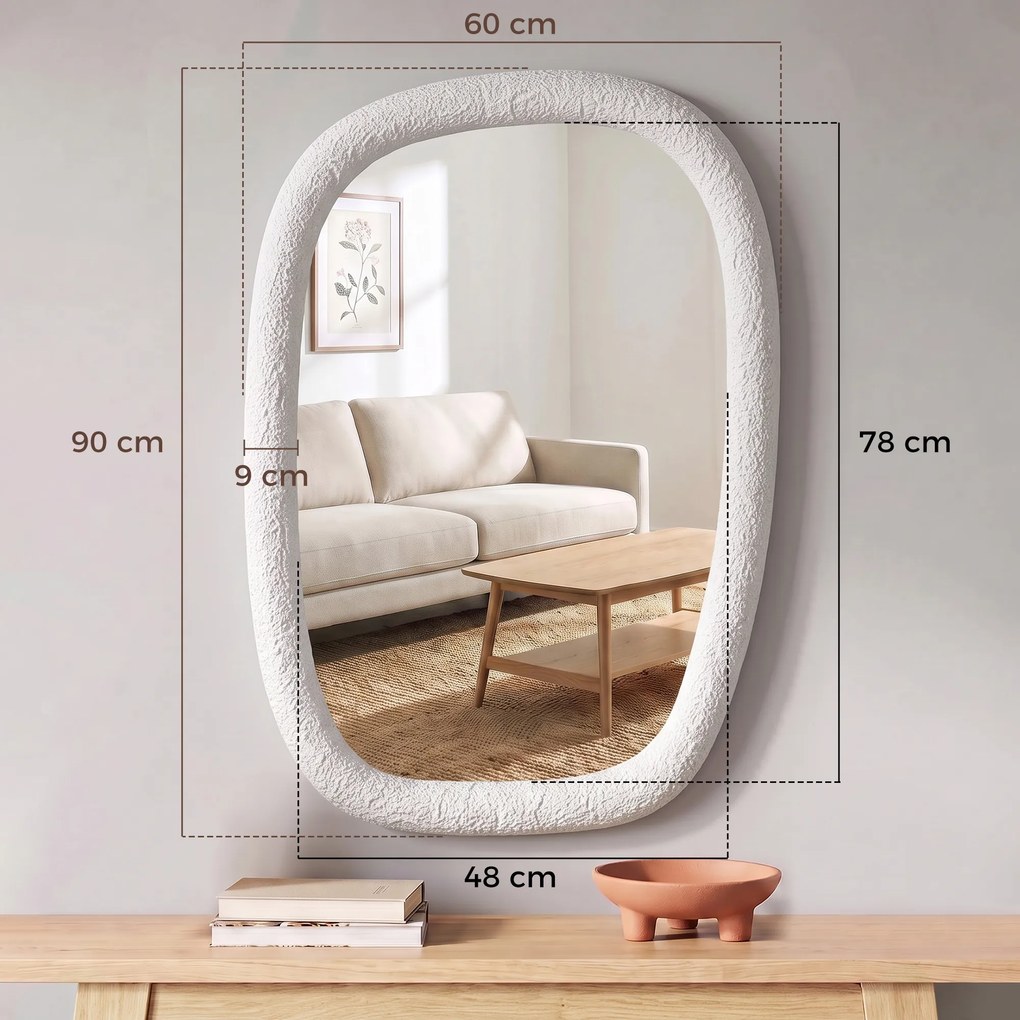 HOMCOM Oglindă de Perete Neregulată 60 cm, Oglindă de Baie cu Sticlă Securizată și Ramă cu Efect de Piatră, Alb | Aosom Romania