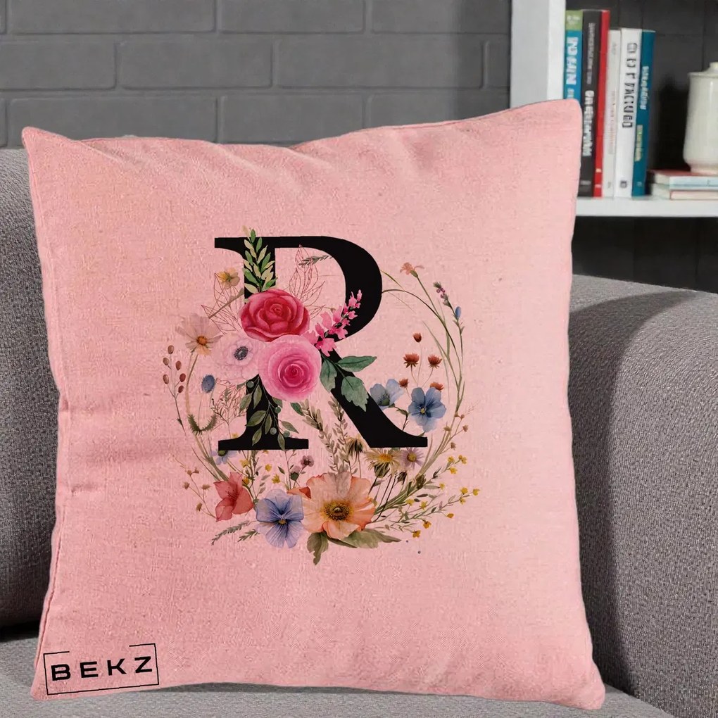 Cadou Personalizat - Perna Personalizata Monogram Litera R cu Flori Acuarela, 40x40 cm, Roz, Husa Detasabila, Perna Inclusa, BEKZ®