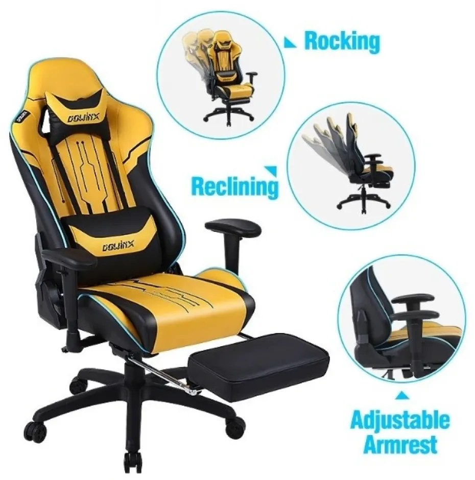 DOWINX Scaun gaming, ergonomic, pernă lombară cu masaj, spatar inalt, suport pentru picioare, piele PU matlasata, respirabila, cotiere 4D, rezistent 150 kg, Galben