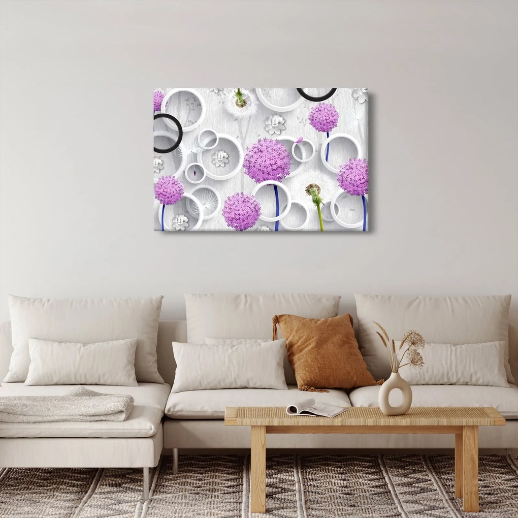 Tablou cu abstracție 3D cu cercuri și flori (90x60 cm)