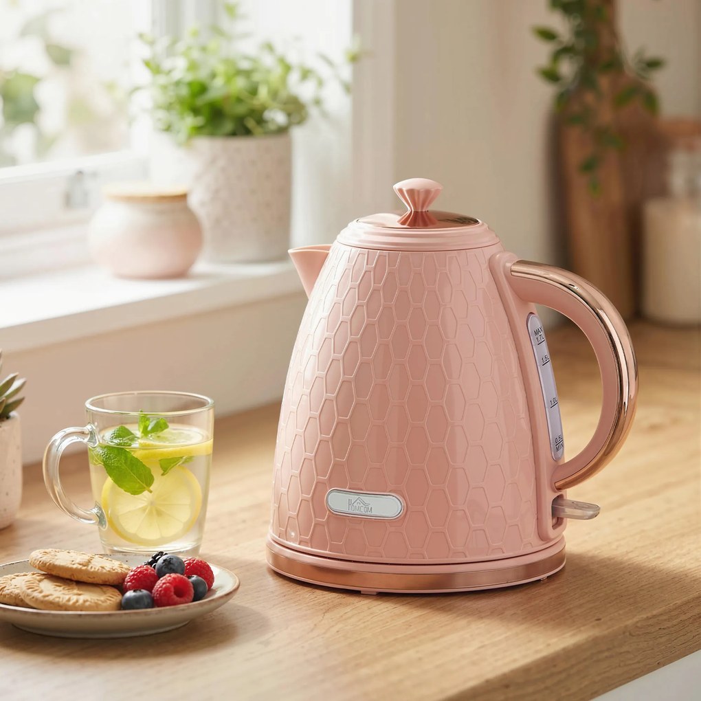 HOMCOM Fierbător electric, 1,7L, funcție de fierbere rapidă, 2,2kW, fără fir cu filtru anti-calcar detașabil, Roz deschis | Aosom Romania