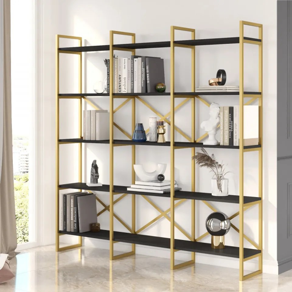 Biblioteca Living VG6-LB, PAL Melaminat, Negru / Auriu