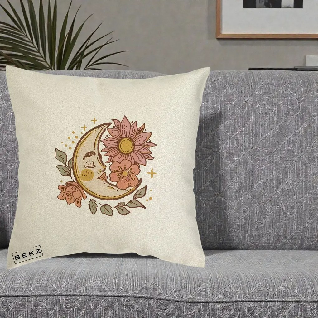 Perna Personalizata Luna Boho Chip Floral, 40x40 cm, Ecru, Husa Detasabila, Perna Inclusa, BEKZ®