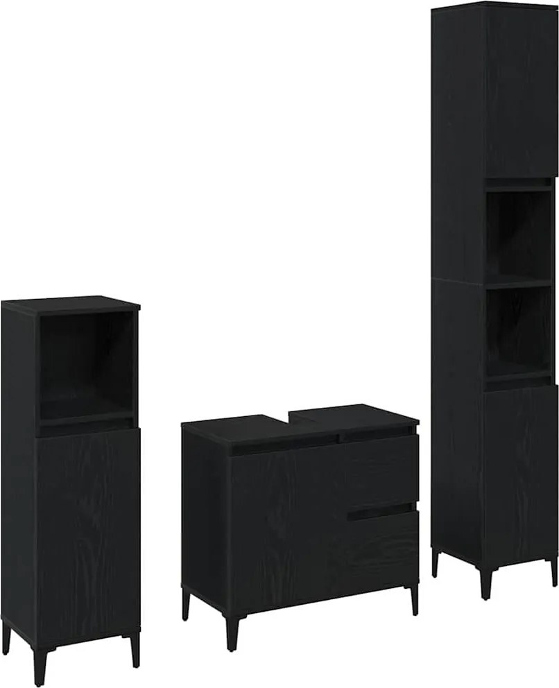 vidaXL Set de mobilier pentru baie Pe perete cu ușă 3 pcs Stejar Negru