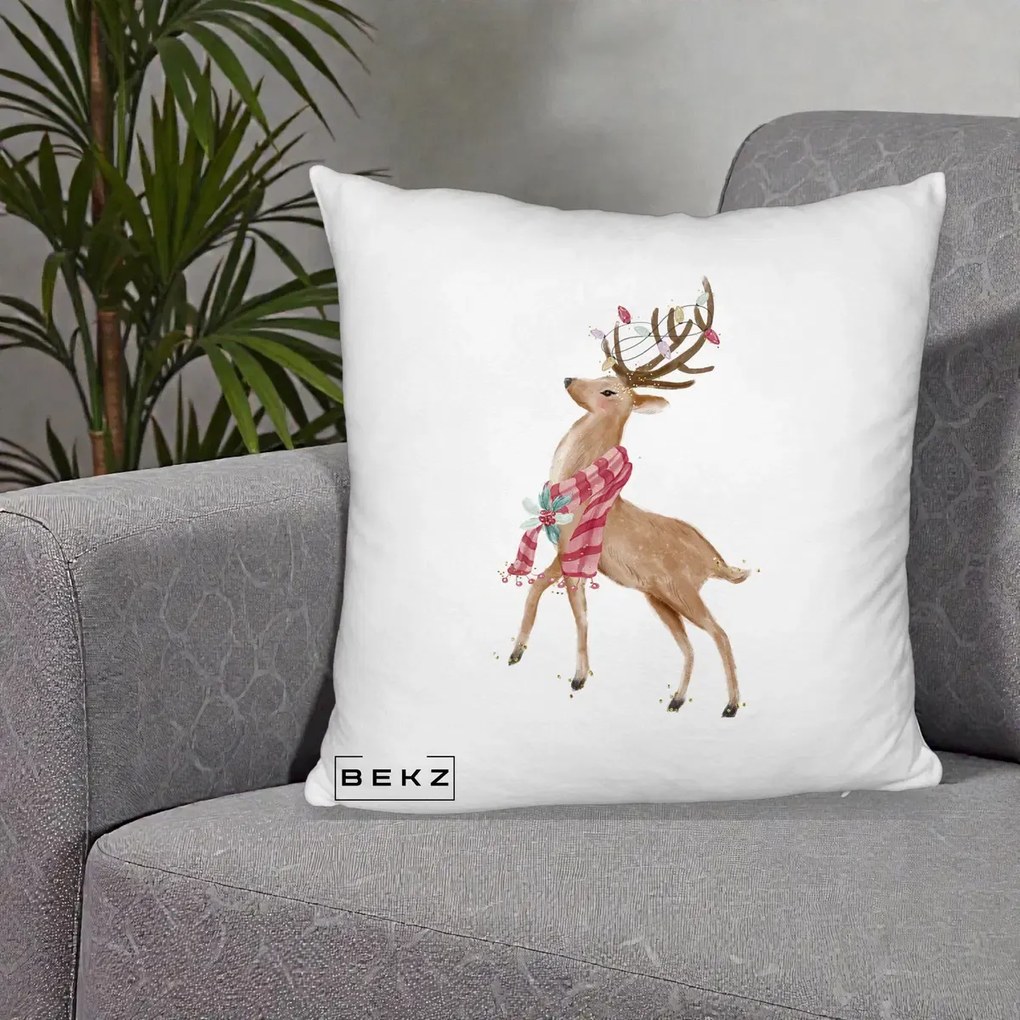 Perna Decorativa Renita cu Fular si Luminite, 40x40 cm, Alb Pufos, Husa Detasabila, Perna Inclusa, BEKZ®
