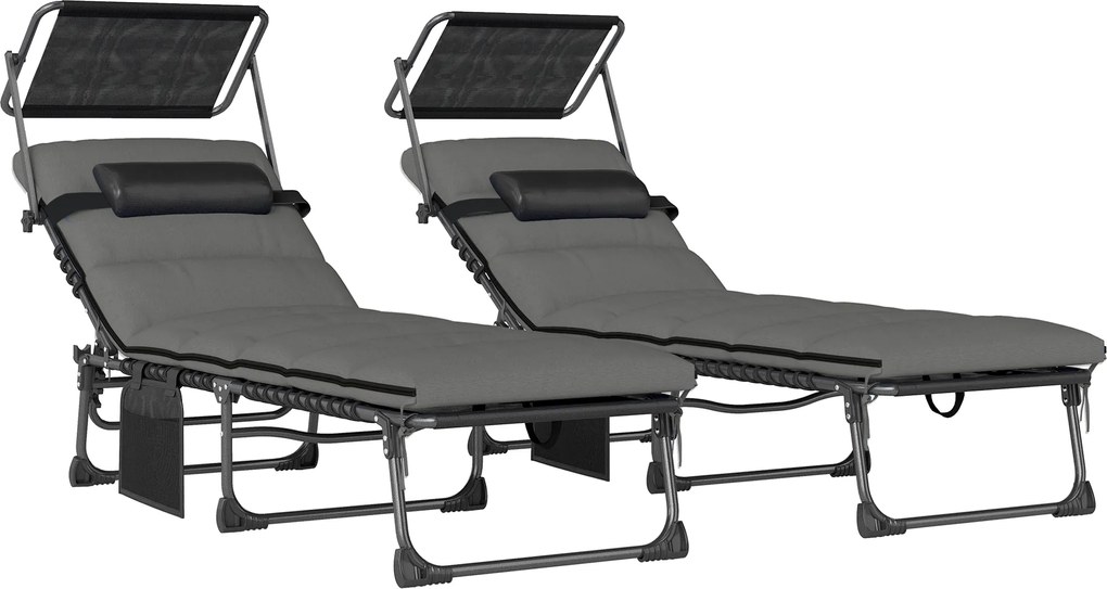 Outsunny Set de 2 șezlonguri pliante cu copertină, șezlonguri înclinabile cu pernă, buzunar lateral și mâner de transport, gri închis | Aosom Romania
