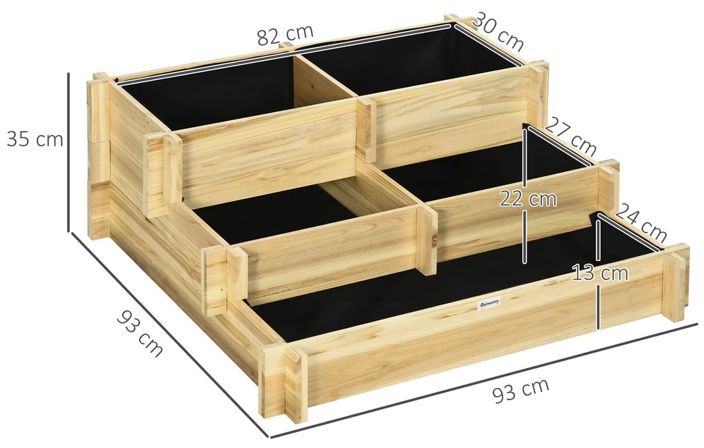 Outsunny Jardiniera pentru plan de cultivare inaltat pe 3 niveluri din lemn de brad, culoare lemnului, 93x93x35 cm | AOSOM RO