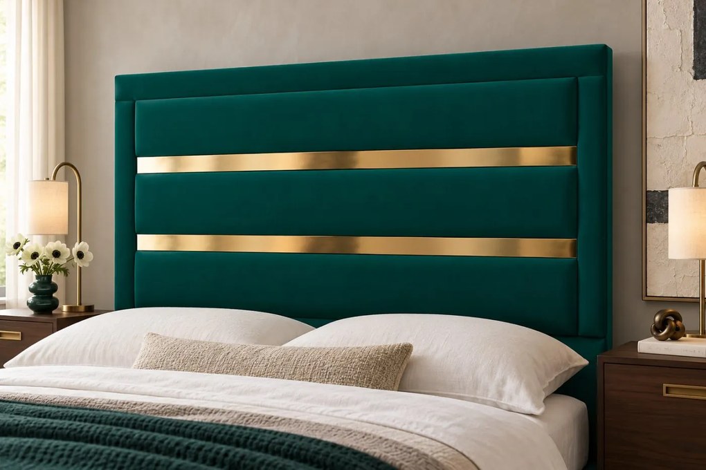 Pat tapițat din catifea Noren 140×200 cm, verde, detalii aurii, cu ladă de depozitare