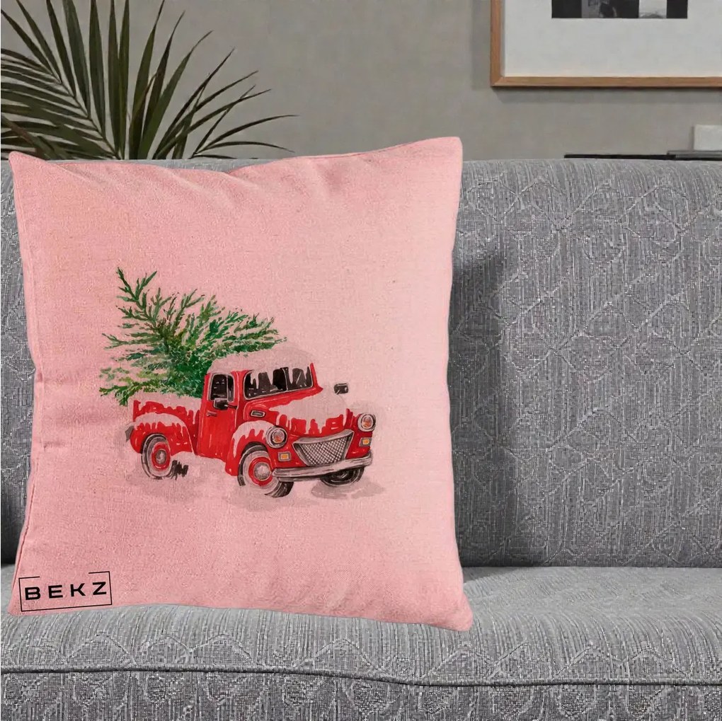 Perna Decorativa Camioneta Rosie Brad de Craciun, 40x40 cm, Roz, Husa Detasabila, Perna Inclusa, BEKZ®