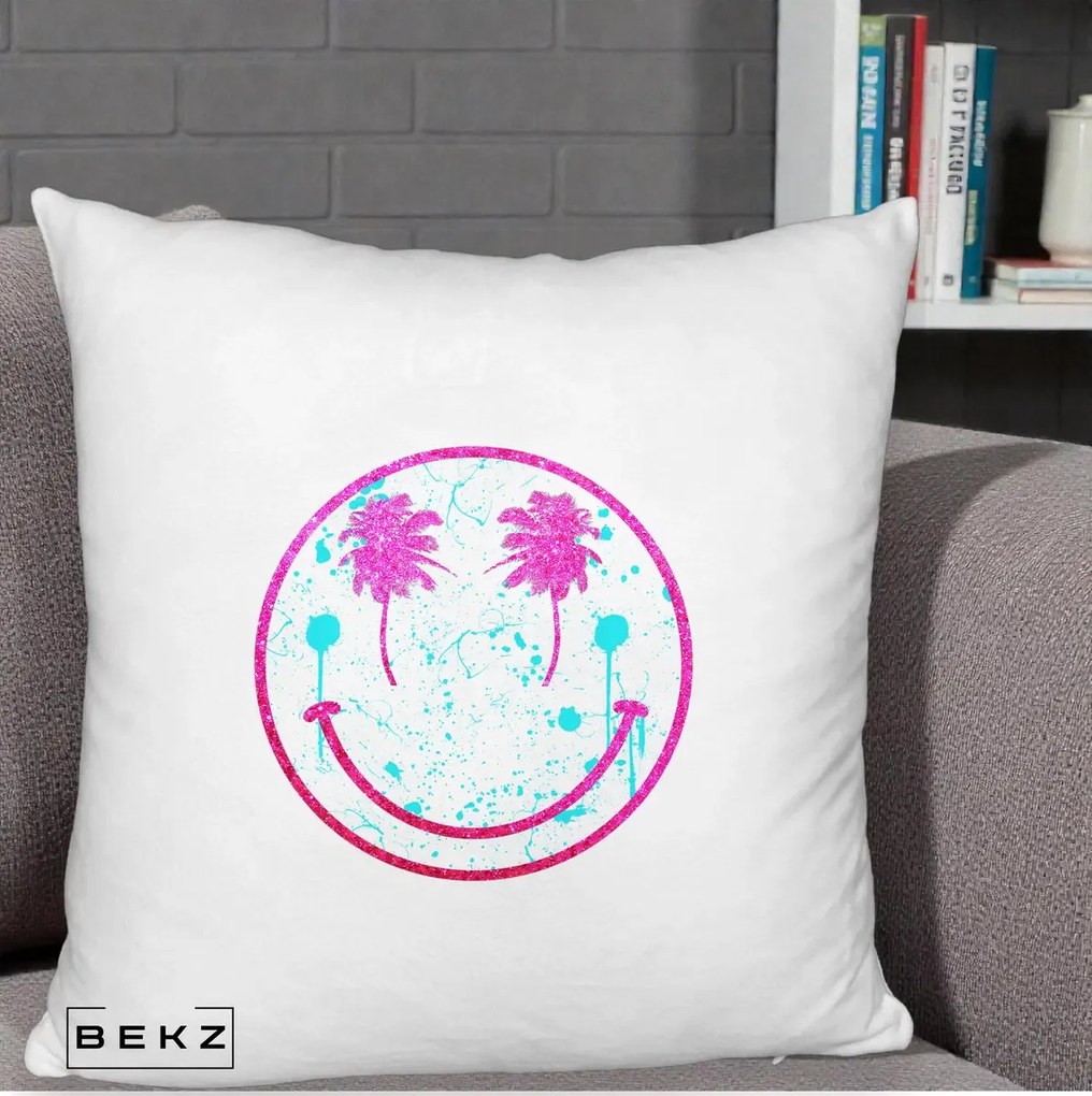 Perna Decorativa Smiley Face Tropical Glitter Roz, 40x40 cm, Alb Pufos, Husa Detasabila, Perna Inclusa, BEKZ®