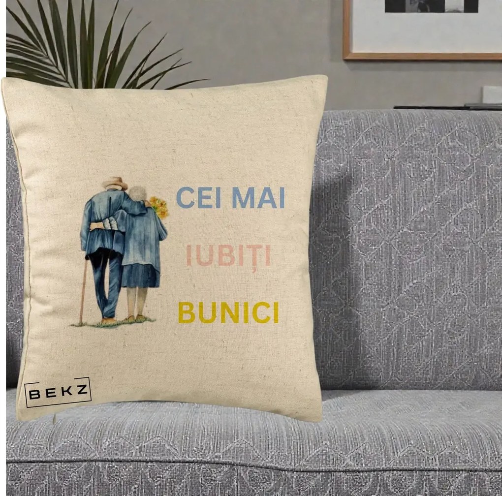 Cadou pentru Bunici - Perna Personalizata Cei Mai Iubiti Bunici Acuarela Spate, 40x40 cm, Bej, Husa Detasabila, Perna Inclusa, BEKZ®