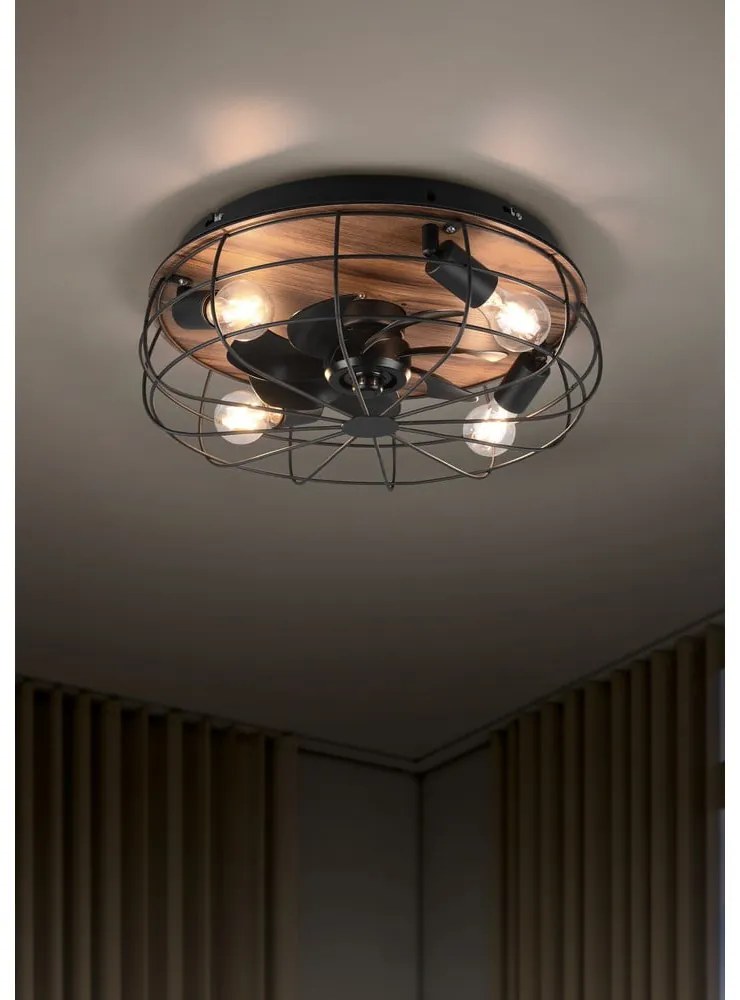 Plafonieră negru-mat/maro cu control prin telecomandă, cu ventilator Trondheim – Reality
