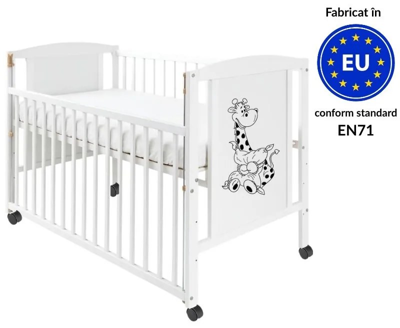 Patut din lemn masiv 120x60 cm Bria alb cu laterala culisanta si roti, reglabil pe 3 nivele, certificat EN71