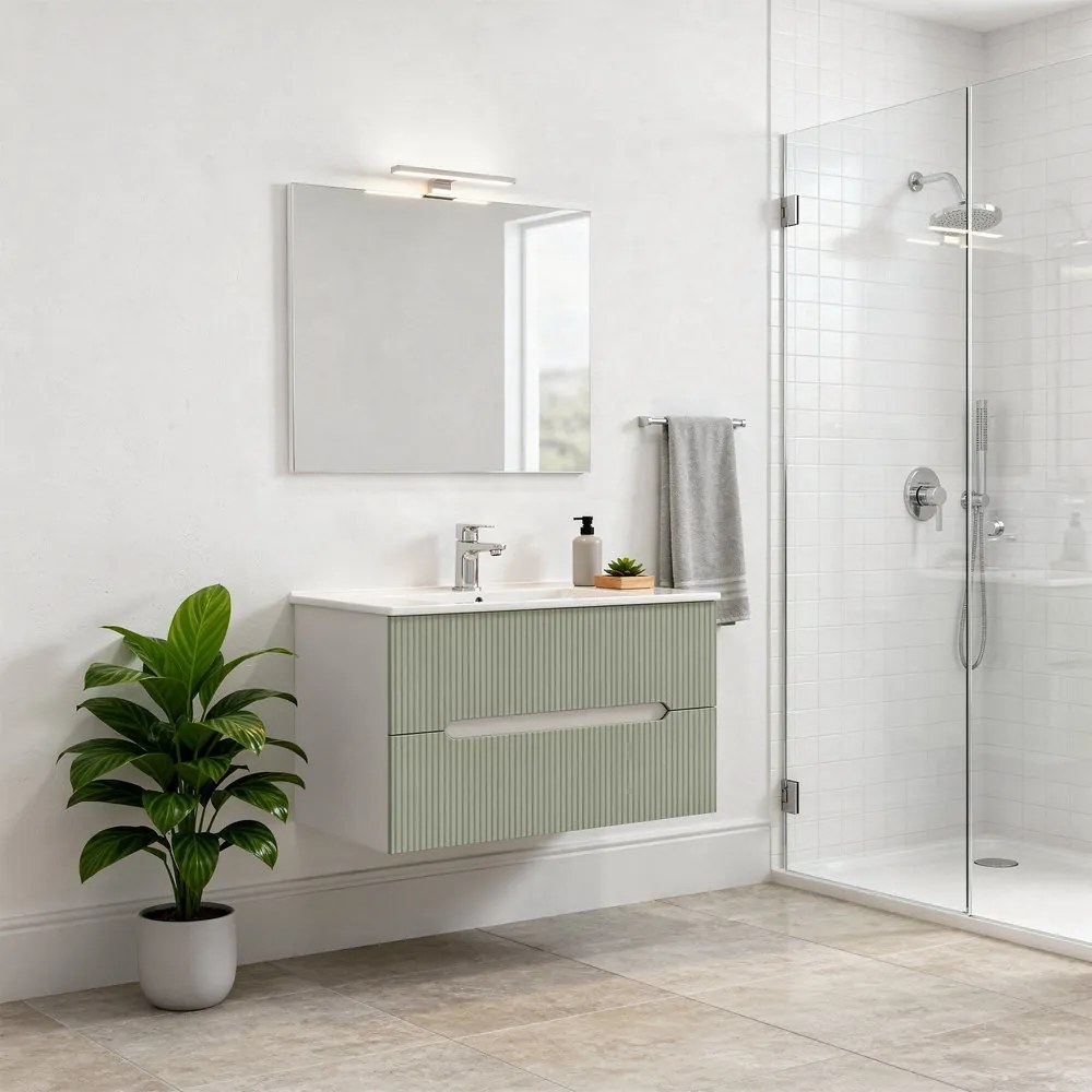 Trent Mobilier de baie 80 cm lavoar ceramic (2 sertare) cu oglindă 60x80 cm alb-verde