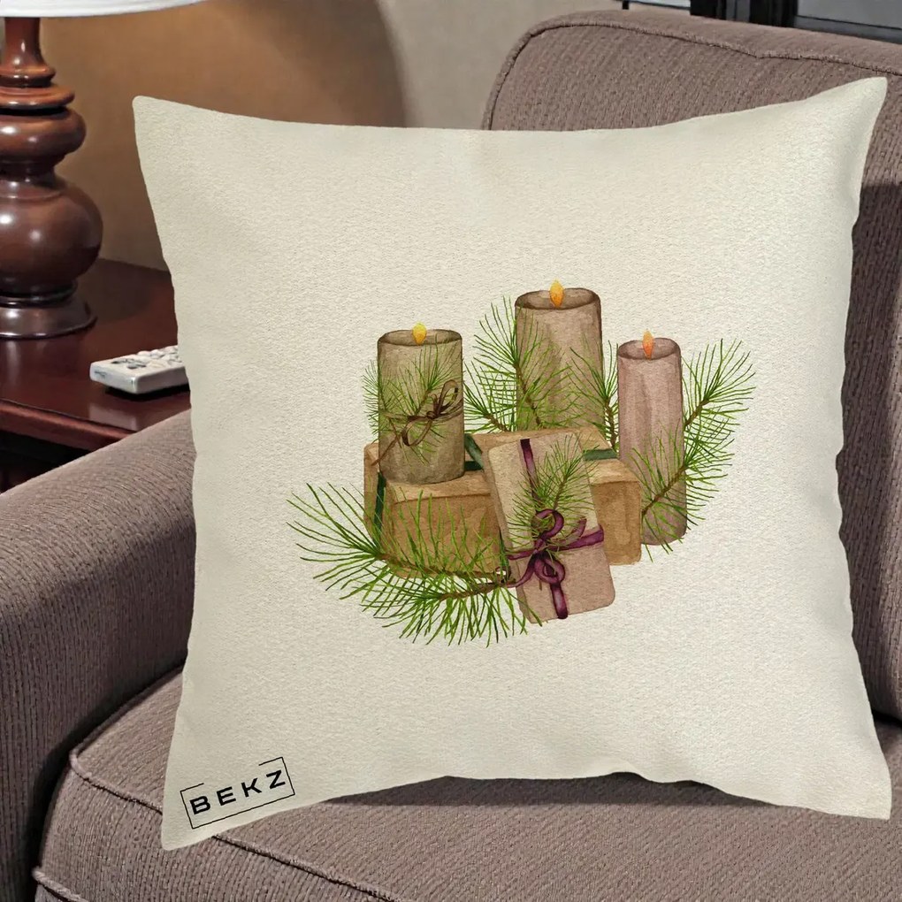 Perna Decorativa Lumanari cu Cadouri Naturale, 40x40 cm, Ecru, Husa Detasabila, Perna Inclusa, BEKZ®