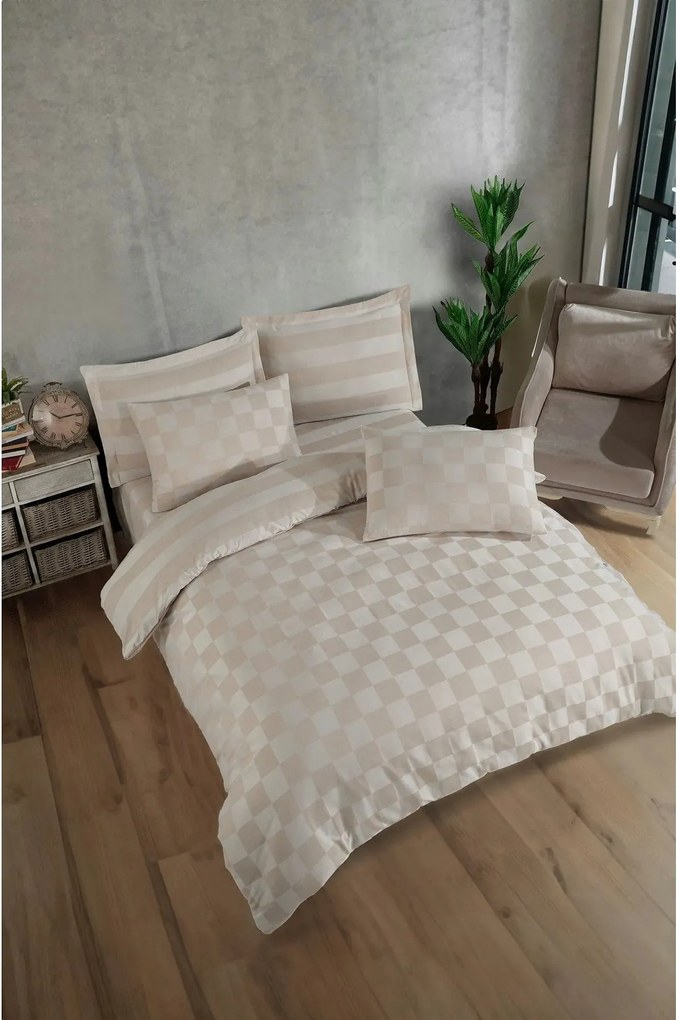 Set lenjerie pat KARELI SATEN, bej, bumbac/poliester, 200x220 cm, cu c