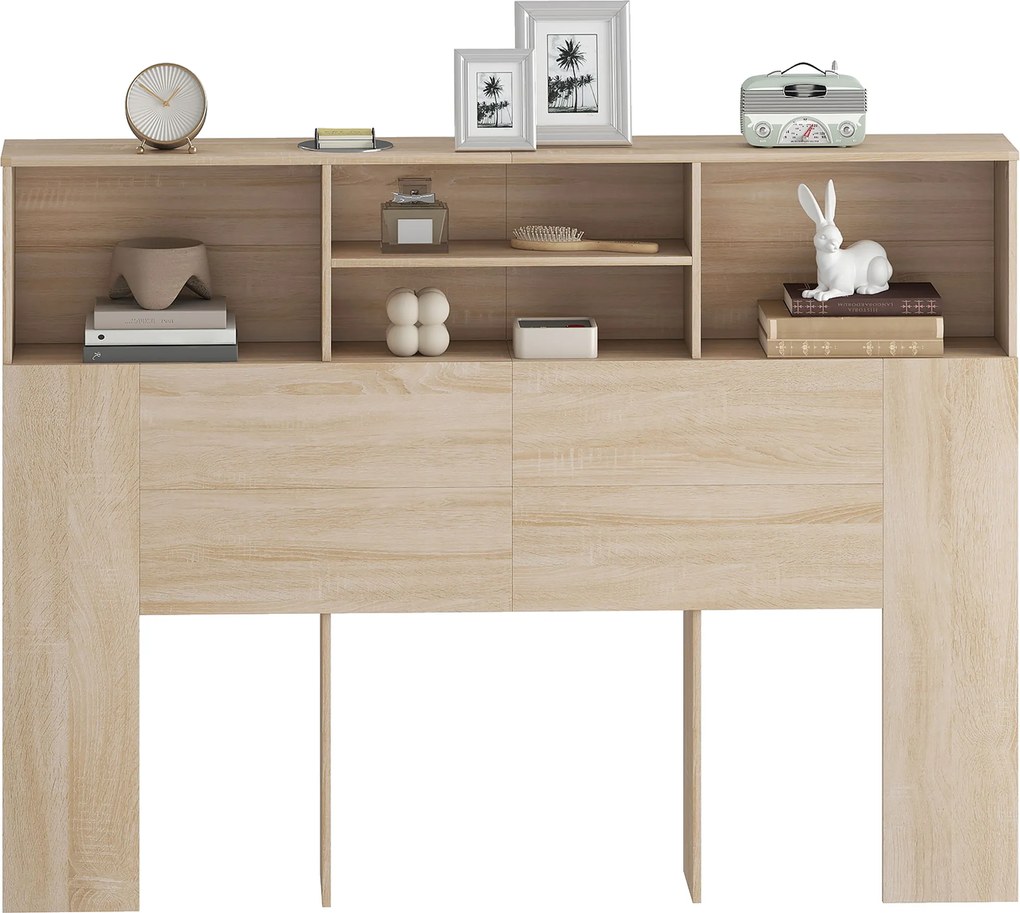 HOMCOM Tăblie pe picioare cu depozitare, accesoriu pentru pat cu 4 compartimente deschise, 140 x 19 x 103,5 cm, efect lemn natural | Aosom Romania