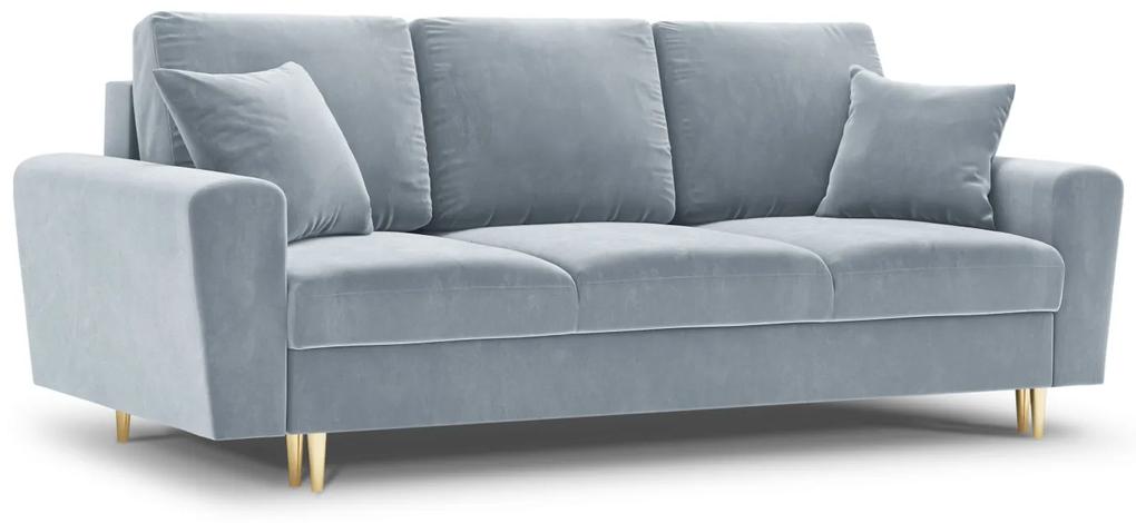 Canapea  extensibila 3 locuri Moghan cu tapiterie din catifea, picioare din metal auriu, albastru deschis