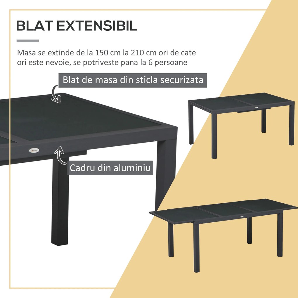 Outsunny Set de 7 Piese de Grădină din Aluminiu cu Masă Extensibilă și 6 Scaune cu Șezut din Plasă Respirabilă, 210x90x75 cm, Gri | Aosom Romania