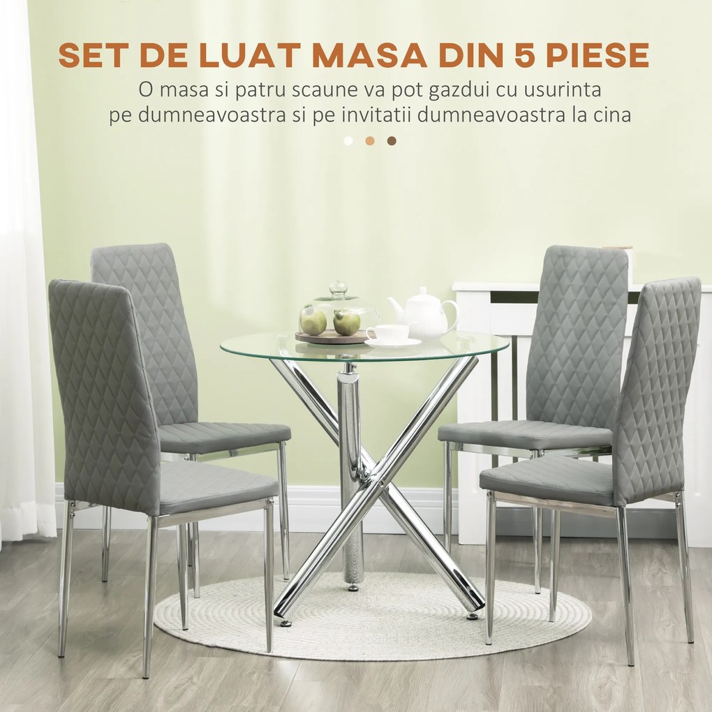 HOMCOM Set Mobilier Modern pentru Sufragerie, Masă Rotundă din Sticlă și 4 Scaune Elegante, Design Contemporan | Aosom Romania