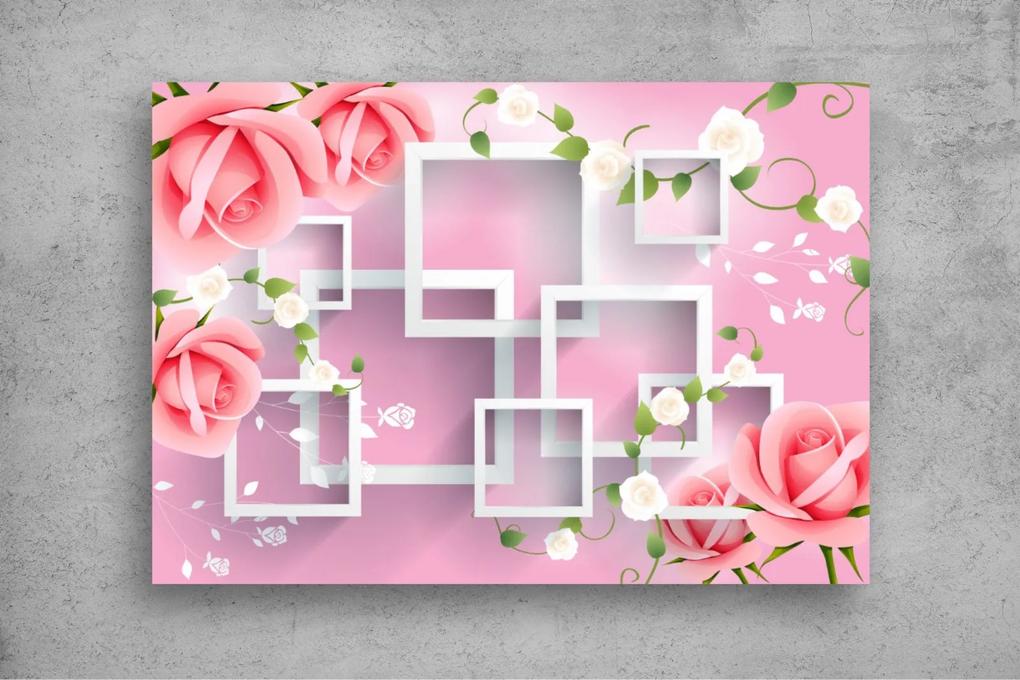 Tapet Premium Canvas - Trandafirii roz si chenarele albe 3d abstract
