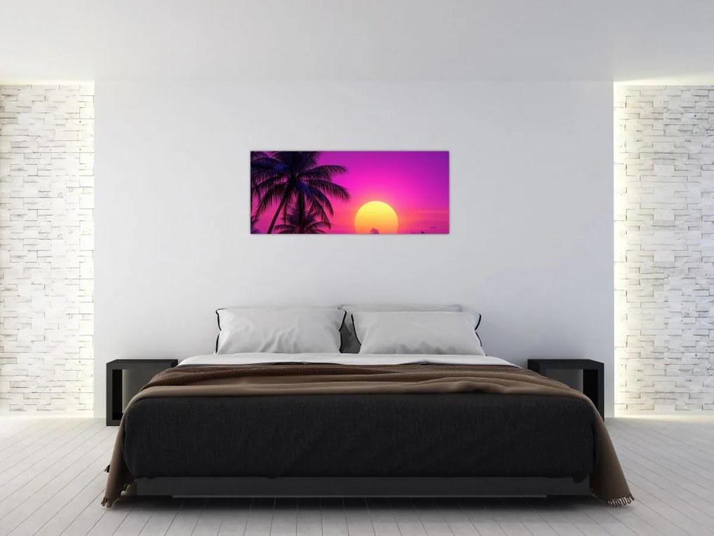 Tablou - Apus violet cu palmier (120x50 cm)