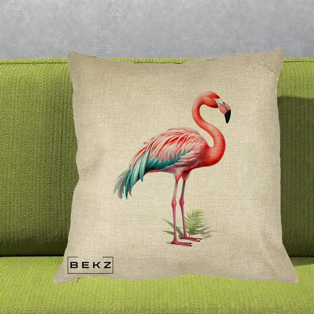 Perna Decorativa Flamingo Roz cu Pene Teal, 40x40 cm, Crem, Husa Detasabila, Perna Inclusa, BEKZ®