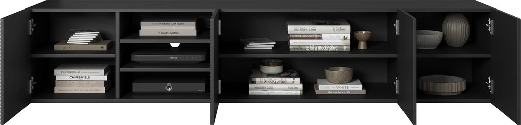 Comodă TV suspendată Asha 200 cm, fronturi riflate și nișă – negru mat