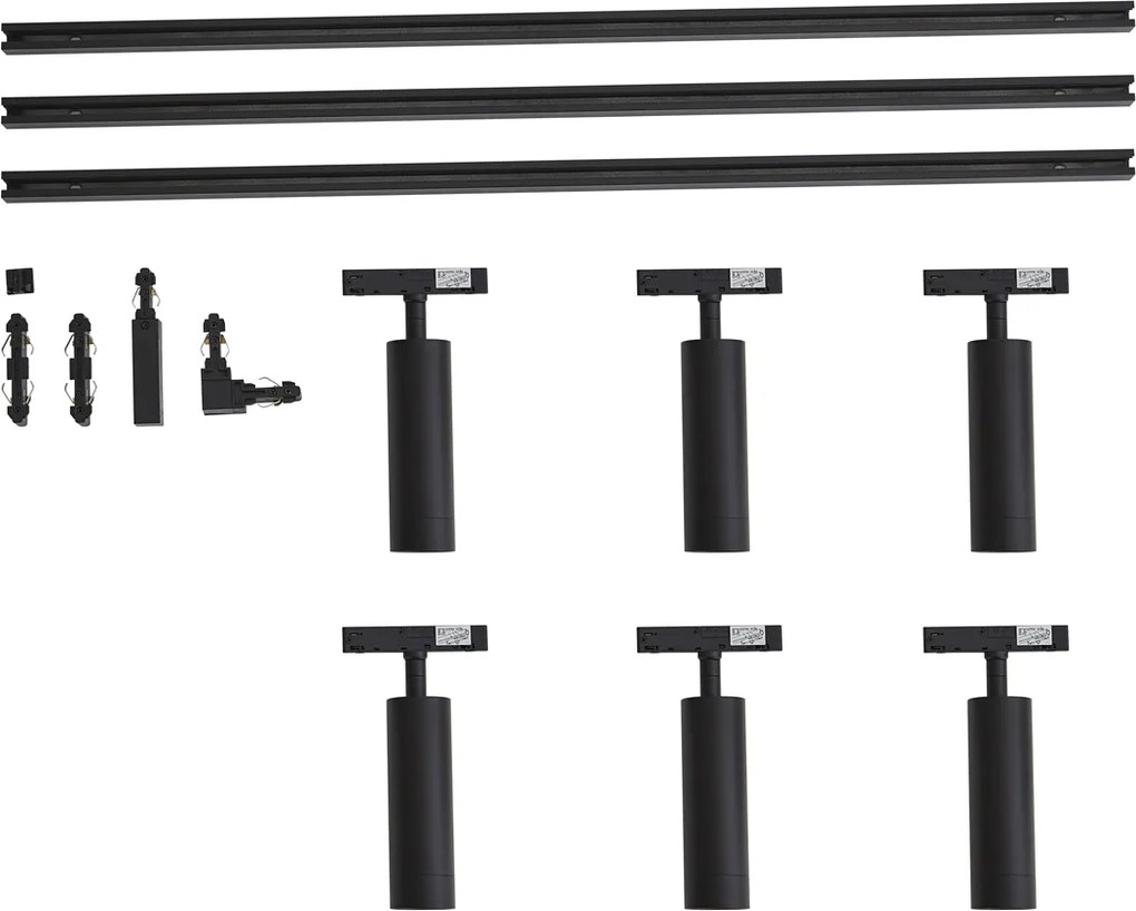 Sistem de iluminat cu șină modern cu 6 spoturi negre monofazate - Slimline Uzzy