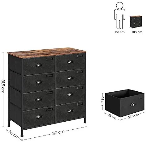 Comoda cu 8 sertare, MDF / textil, negru, Vasagle