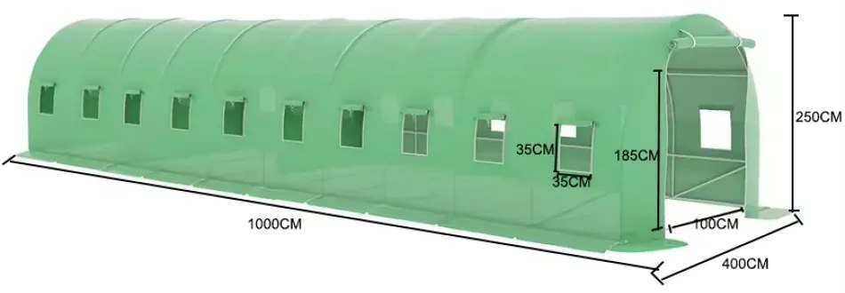 Solar de grădină, 4x10 m, 40 m², cadru din oțel, țeavă galvanizată, folie PE armată, 20 ferestre rulante, rezistent la UV, impermeabil, Verde,