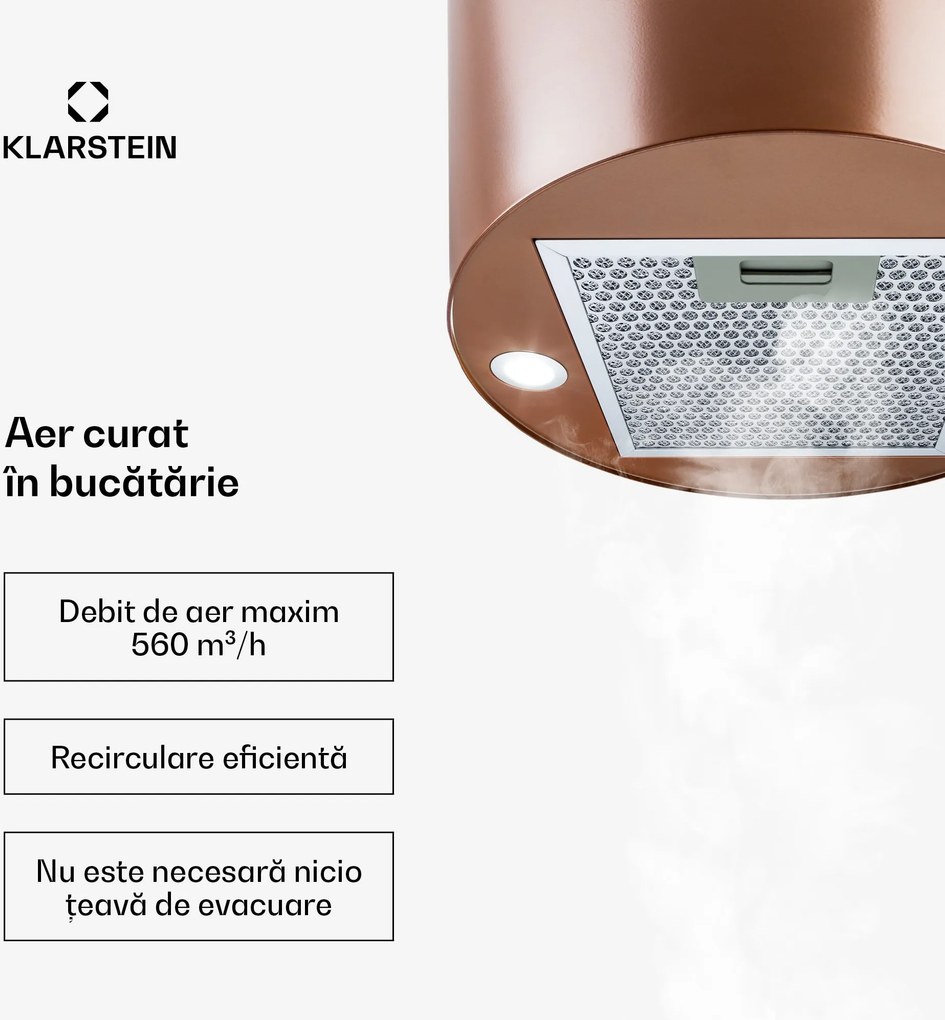 Klarstein Barett, hotă suspendată, Ø 38 cm, recirculare a aerului 522 m³ / h, LED, cupru