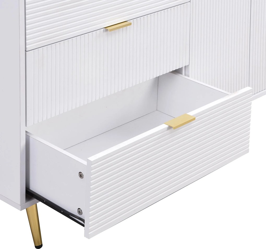 Bufet cu uși și rafturi interioare, sertare, mânere și picioare aurii, 120x38x80,5 cm, Alb