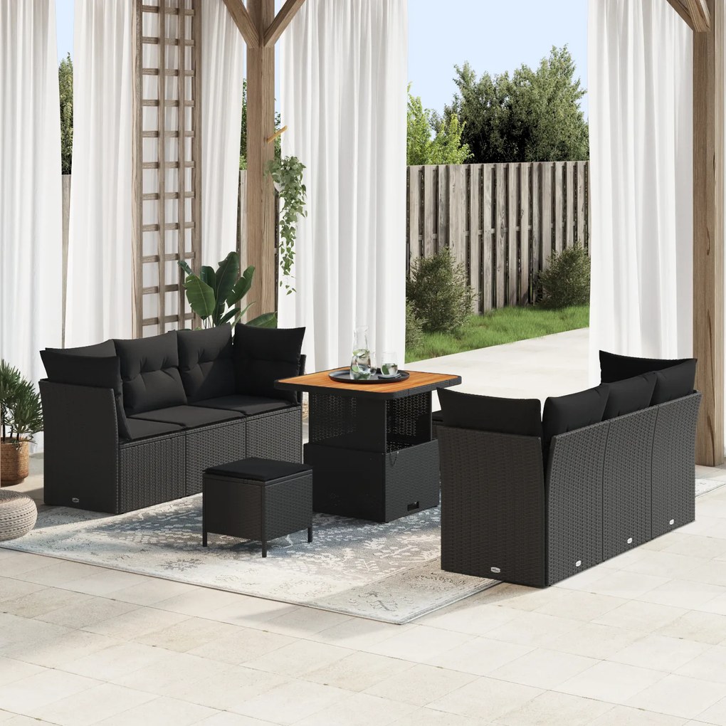 Set de canapea de grădină vidaXL cu 9 piese Negru Ratan Poli Acacia