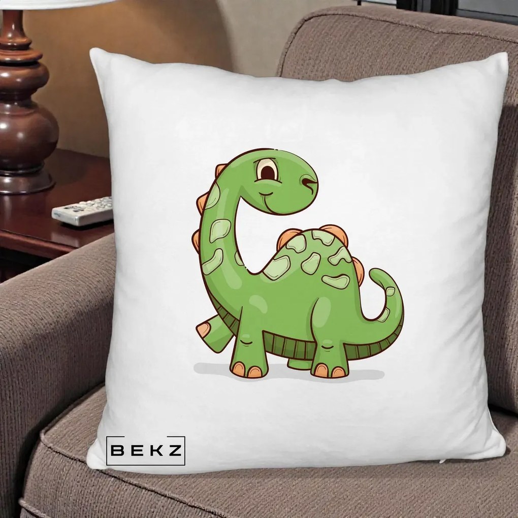 Perna Decorativa Brontosaur Verde Simpatic, 40x40 cm, Alb Pufos, Husa Detasabila, Perna Inclusa, BEKZ®