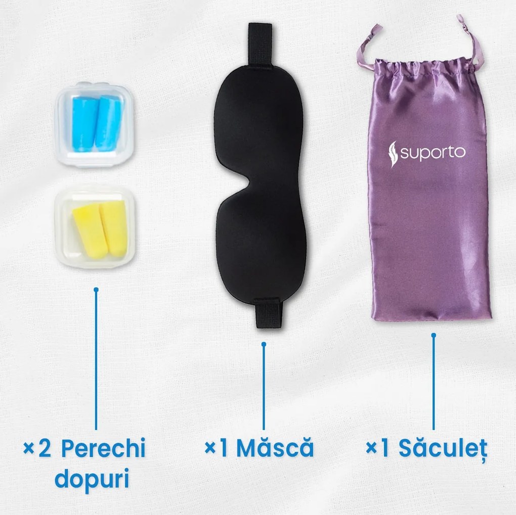 Masca de dormit Suporto 3D cu saculet Lila, masca de somn premium, reglabila, blochează lumina în totalitate, cu 2 Seturi de dopuri de urechi incluse