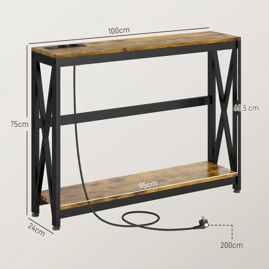 HOMCOM Masă Subțire de Consolă, Masă Industrială cu Două Nivele, Masă de Canapea Îngustă cu Cadru X din Oțel, 100x24x75 cm, Maro