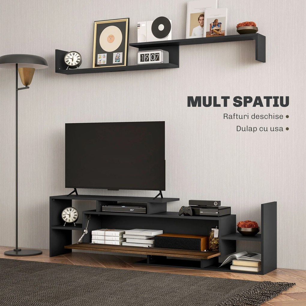 HOMCOM Mobilier TV cu Raft de Perete, Rafturi Deschise și Dulăpior din Lemn, 153,6x25x42 cm, Negru | Aosom Romania