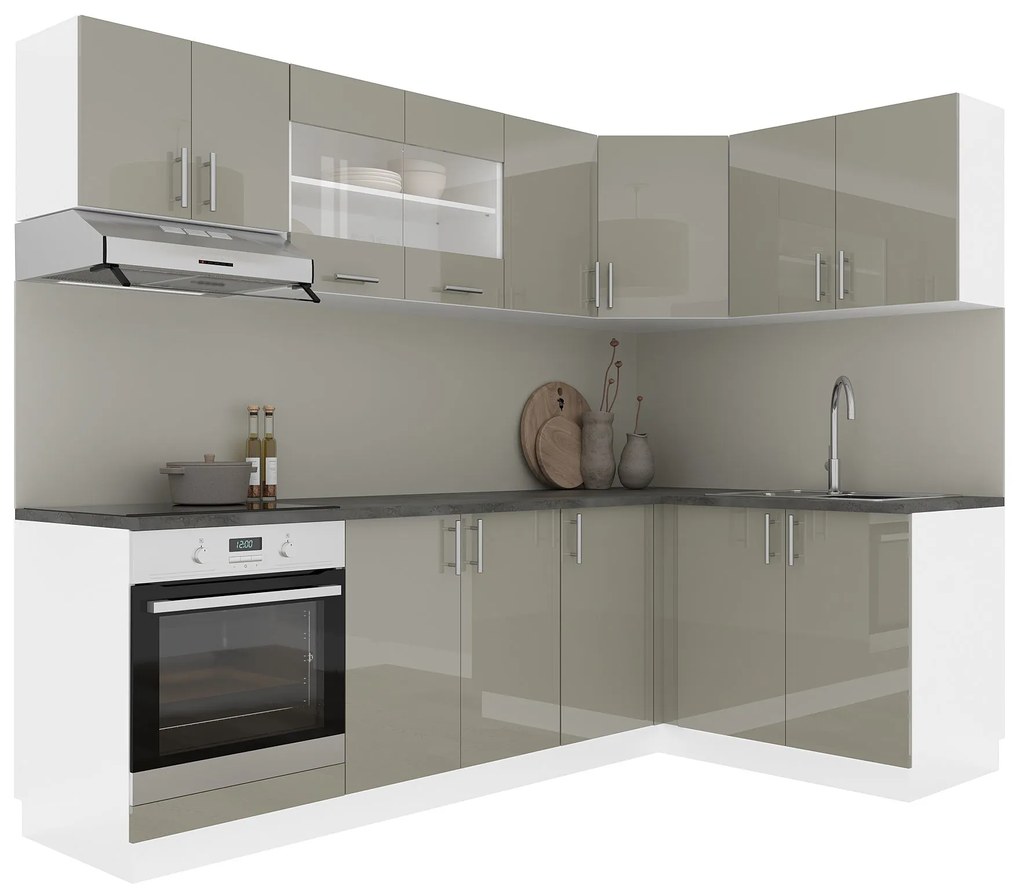 Set Bucatarie Colt Karo V34, Gri Lucios/Alb, MDF, Blat Thermo 28 mm, L 240 x 140 cm